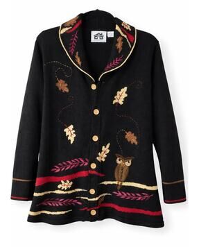 Vintage Storybook Knits Fall Autumn Leaves Owl Embroidered Cardigan Sweater M